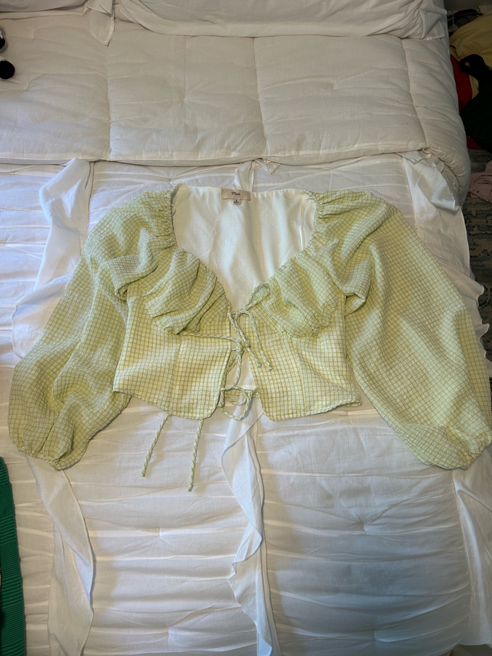 Light Green Plaid Tie-Front Puff Sleeve Crop Blouse